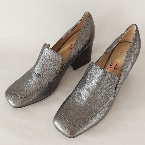 Marc Fisher Ltd Metallic Pumps Leather Square toe Block Heels Marlo Gray Shoes - Picture 11 of 11